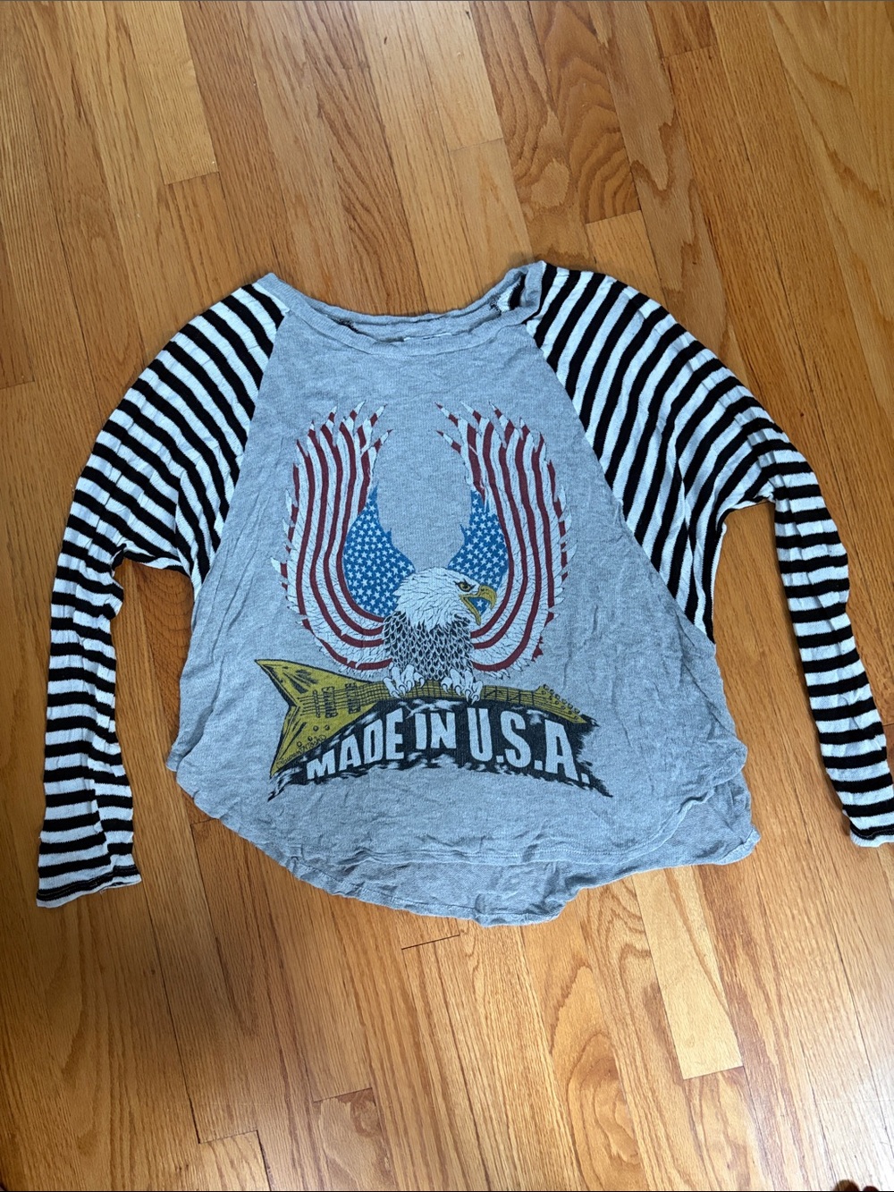 Lauren Moshi Gray Eagle Graphic Raglan Sweater with Black & White Stripes